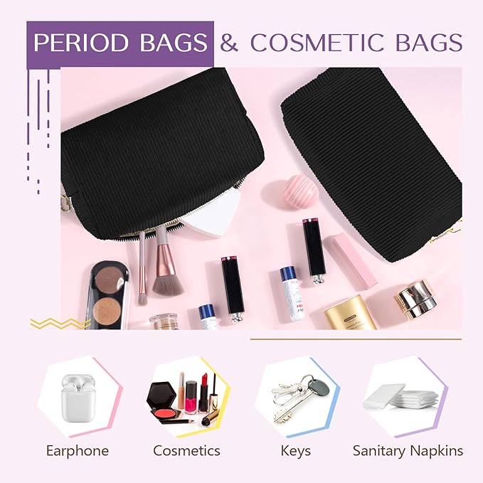 Tampon Holder for Purse, Corduroy Period Bag Sanitary Napkin Storage Bag for Girls Womens, Portable Feminine Emergency Pad Period Pouch(Black)