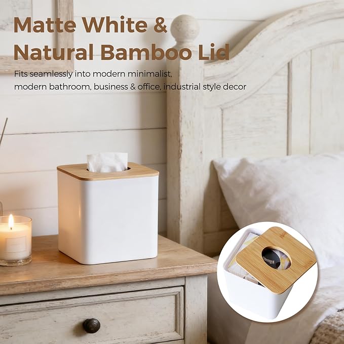 White Tissue Box Cover, Square Tissue Box Holder with Bamboo Cover Plate, Cube Tissue Box Cover for Desk Accessories, Decorative Tissue Box Tissue Holder for Bathroom Office
