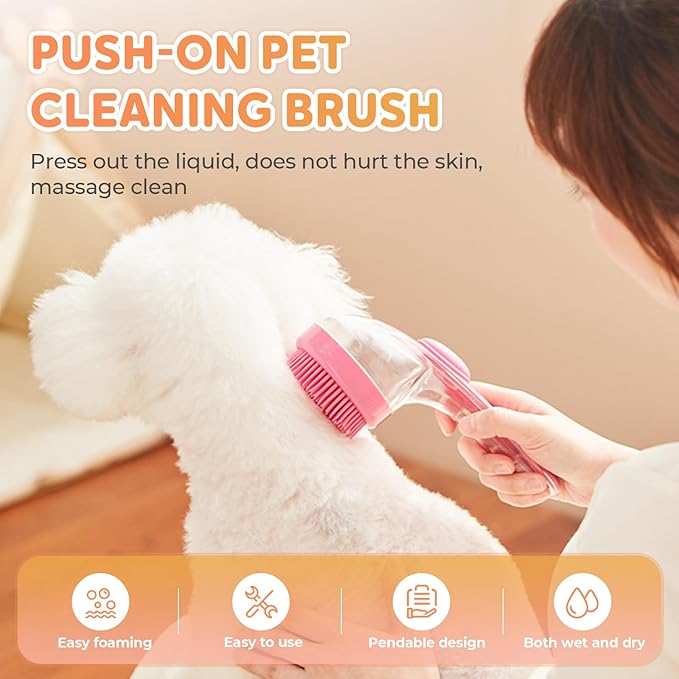 Pet Bath Brush with Shampoo Dispenser, Dog Bath Brush and Grooming Massage Brush for Dogs & Cats, Easy Dog Washing Brush for Short and Long Hair, Coarse and Fine Teeth 2pcs (Red)