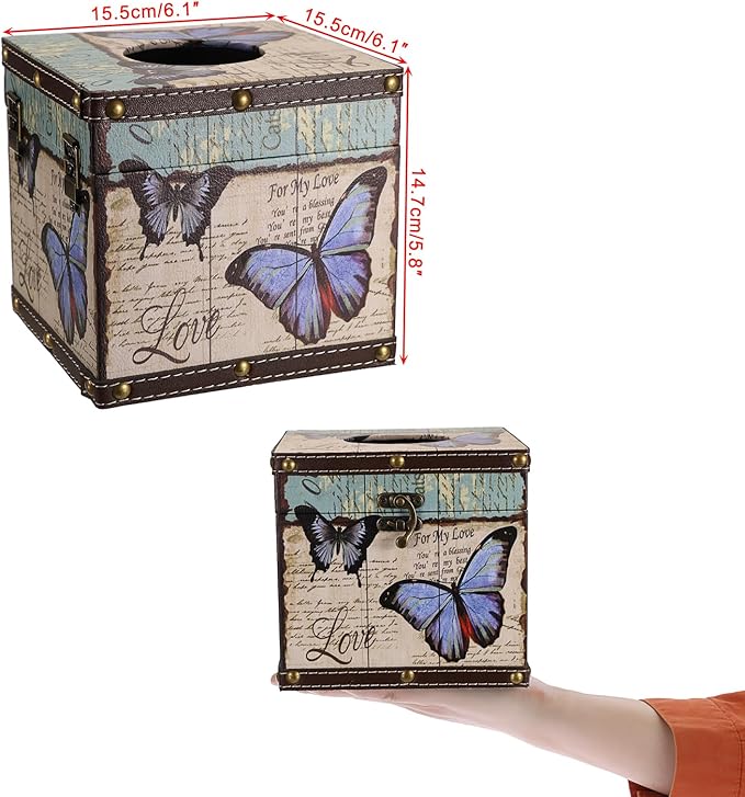 Sumnacon Tissue Box Retro Wood Square Tissue Box Cover Vintage Cube Tissue Box Holder,Decorative Tissue Holder for Bedroom Bathroom Toilet Table Desk Car Store Office Home,Beige White+Blue