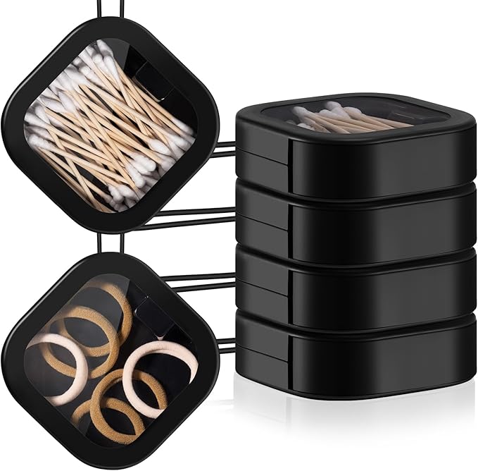 Kathfly 4 Pcs Black Hair Tie Organizer Portable Hair Accessory Storage Containers Stackable Tie Bobby Pin Holder Home Cotton Swab Dispenser Accessories Jewelry Organizer Box