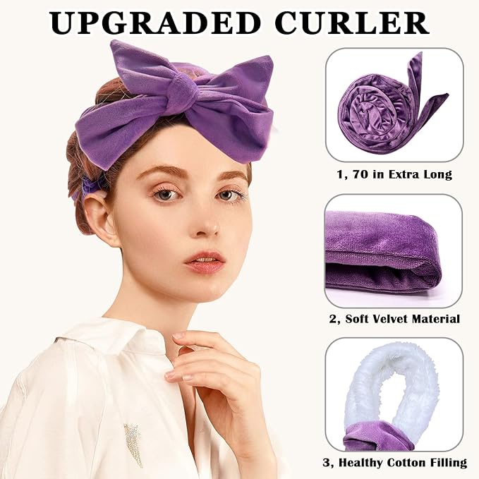 No Heat Overnight Curl Headband, 70" Soft Ribbon Wrap with 9 PCS Curling Rods and Yoga Strap - Purple