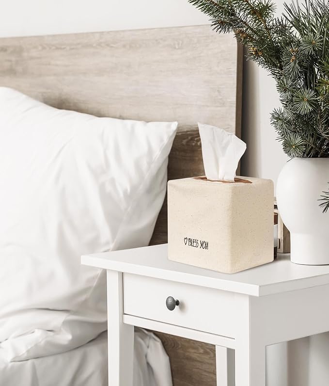 Livelab Tissue Box Cover Square, Chic Canvas Tissue Box Holder with Embroidery Text Decor, Stylish Tissue Case Facial Paper Cube Cover for Your Home, Officce and Bathroom | Ivory