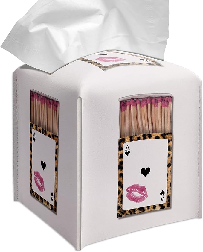 Grace Yonks Cute Tissue Box Cover Square - Leopard Print Playing Card & Lip Print Match Case Design 5.2" PU Leather Holder for Vanity, Desk, Bathroom Counter - Cube Case for Facial Tissues(013)