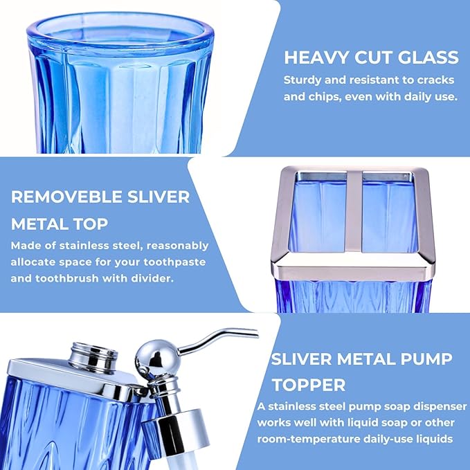 Bathroom Accessories Set,5 Pcs Blue Glass Bathroom Accessory Set,Complete Lotion Soap Dispenser, Toothbrush Holder,Soap Dish,Tumbler & Jar,Modern Bathroom Decor Sets Gift,Square