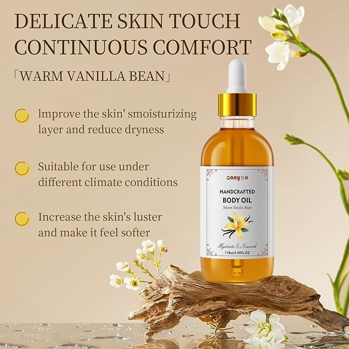 Warm Vanilla Bean Body Oil - Vanilla Body Oil Deep Moisturizing Vanilla Perfume Oil Coconut Cream Pie Body Oils for All Skin Types After Shower