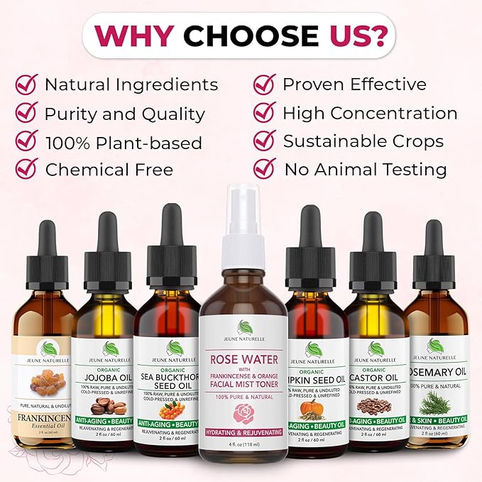 Rose Water Spray for Face - 100% Pure Rosewater with Frankincense & Blood Orange Facial Mist Toner, Alcohol Free, Dye Free, Body Mist & Face Mist - Steam Distillation, 4 oz