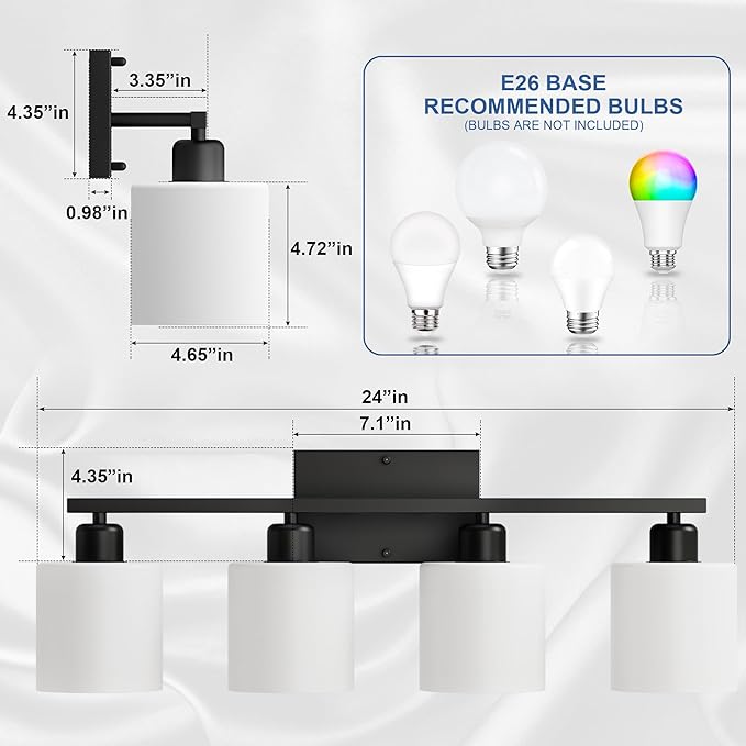 Black Vanity Lights for Bathroom, Anti-rust 4-Light Bathroom Light Fixtures Over Mirror, Modern 24Inches Wall Sconces, Eye-caring Milky White Glass Shades, Standard E26 Base, Bulbs Not Included