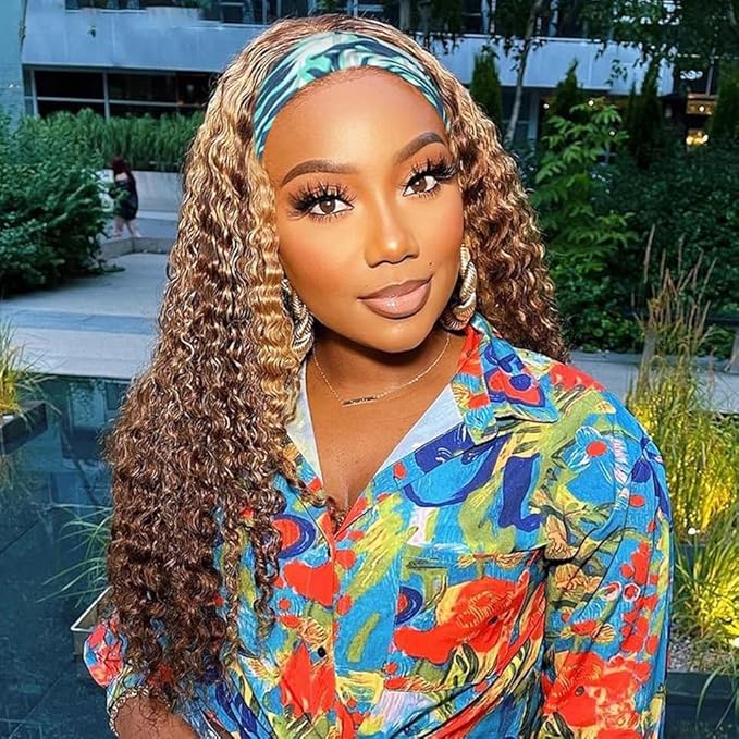 XSY Deep Wave Headband Wig Human Hair Highlight Ombre Headband Wigs for Black Women Curly Headband Wig 4/27# 150% Density 24 Inch