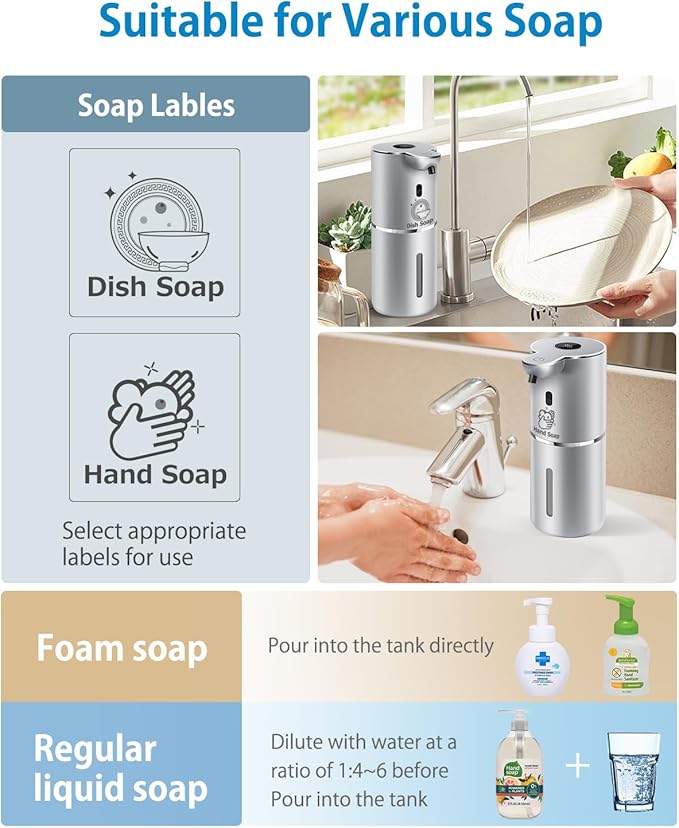 Automatic Foaming Soap Dispenser 12.8oz, Rechargeable & 6 Levels Foaming Adjustable with Digital Display, Wall Mount, Waterproof, Touchless Hand/Dish Soap Dispenser for Kitchen, Bathroom, Hotel