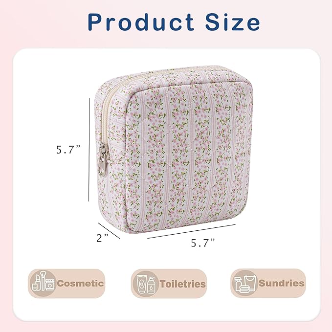 Small Quilted Cosmetic Pouch for Purse, Mini Cotton Makeup Bag with Compartments, Cute Zipper Lipstick Holder for Women (17Small Pink Flower)
