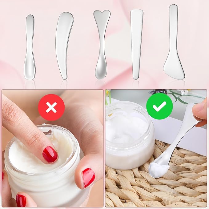 5pcs Mini Metal Makeup Spatula Stainless Steel Cream Spoon Reusable Face Mask Applicator Multi Functional Beauty Spatulas Facial Massage Skincare Tools for Mixing and Sampling Face Eye Cream