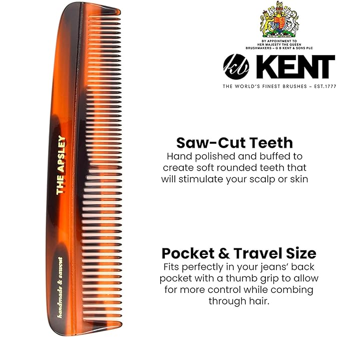 Kent R7T The APSLEY, Special Edition, Fine and Wide Tooth Hair Comb, Handmade Pocket Comb for Men, Best Beard and Mustache Combs for Everyday Grooming and Styling, Sawcut Handmade.