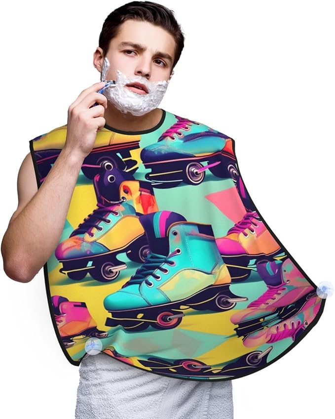 Retro Roller Skates Colorful Print Beard Bib Apron For Men, Beard Hair Catcher For Men Shaving Trimming,Beard Cape Cloth, Black
