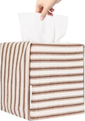 Tissue Box Cover, Fabric Tissue Box Holder Square, Stylish Reusable Toilet Paper Storage, Modern Bathroom Counter Organizer Decorations Accessories,Ticking Stripe 5''x5''x5'' (Light Brown)