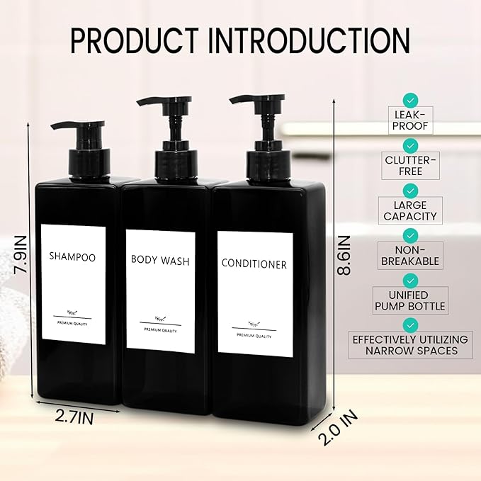 Shampoo and Conditioner Dispenser Set, 3Pack Refillable Shampoo and Conditioner Bottles with Labels, 500ml Soap Dispenser 16.9oz Shower Dispenser Square Pump Bottle for Bathroom and Kitchen - Black