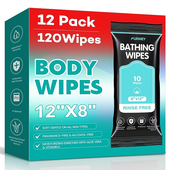 XL Bathing Wipes No Rinse for Adults – 12 Packs (120 Count)- Extra Thick & Large Shower Wipe, Ideal for Men, Women & Elderly – Soft & Gentle Disposable Bath Wipes - Camping & Travel Essentials