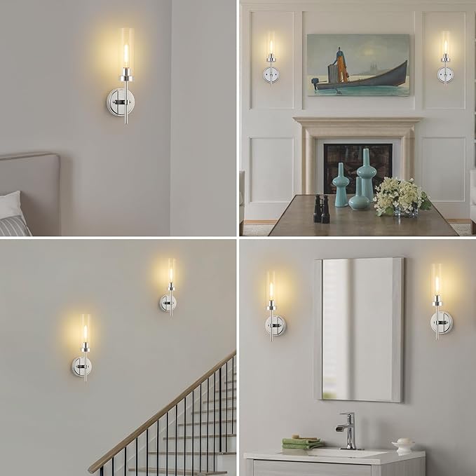 WILON Modern Wall Sconces Set of 2, Chrome Bathroom Light Fixture with Long Clear Glass Shades, Indoor Siver Wall Lamp for Vanity Mirror Bedroom Living Room Bedside Hallway Corridor Stairs