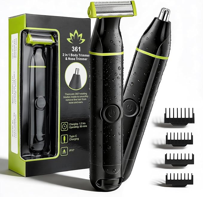 Lanumi 2 in 1 Men's Grooming Kit, Cordless Rechargeable Beard Trimmer, IPX7 Waterproof Electric Razor for Nose Ear Body Hair Trimmer