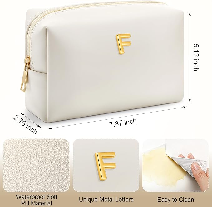 Kigeli Initial Makeup Bag for Women Beige Leather Easter Basket Gifts Monogram Cosmetic Bag Small Travel Toiletry Pouch Wedding Birthday Graduation Bridesmaid Gifts for Teen Girls Women Teachers(F)