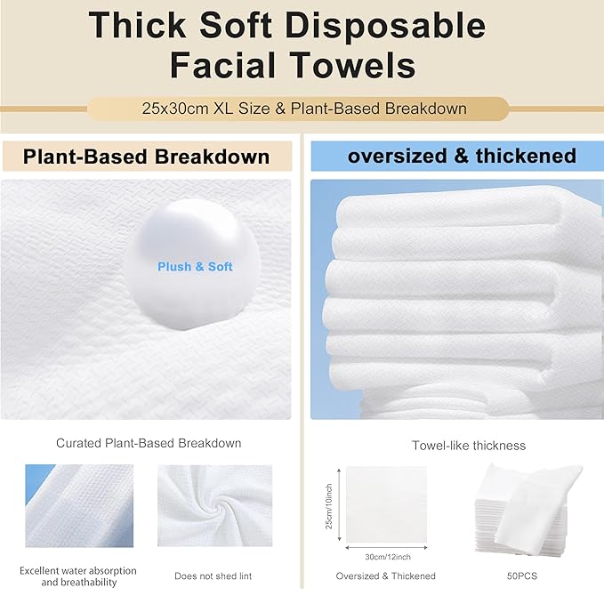 Face Towels, XL Facial Dry Towels 10x12 Inch, Biodegradable Disposable Face Wipes for Makeup Remover, Skincare & Face Cleansing, Lint-Free, 200 Count