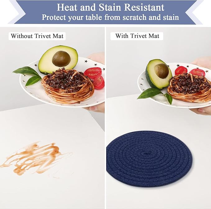 SHACOS 8 Inches Trivets for Hot Dishes, 4 Pieces Cotton Trivets Mats for Kitchen with Storage Basket, Hot Pads for Countertops and Table, Heat-Resistant Pot Holders for Hot Pots and Pans, Navy Blue