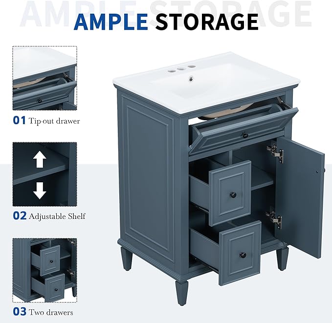 Harper & Bright Designs 24" Bathroom Vanity with Sink, Free Standing Single Basin Vanity Set with Tip-Out Drawer, 2 Drawers, and One Door, Storage Cabinet with Ceramic Basin for Bathroom, Blue Grey