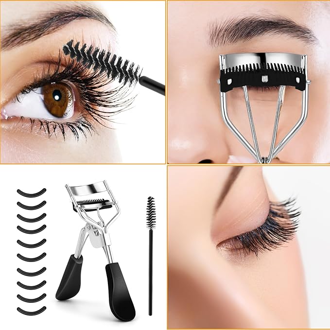 Eyelash Curler Kit Metal Eye Lashes Curler，Professional Makeup Tool with Built-in Comb Eye with 10 Replacement Refill Pads Get Dramatically Curled Eyelashes for Women Girl (Black)
