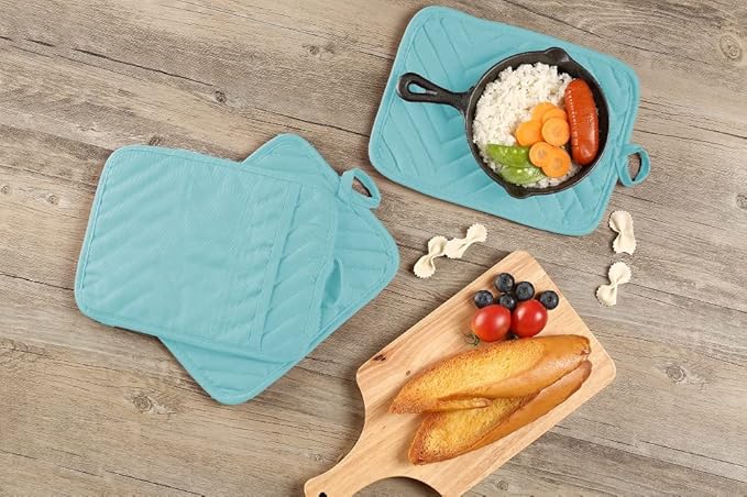 Oven Pot Holder with Pocket Cotton Heat Resistant Coaster Potholder Kitchen Hot Pad Oven Mitts for Cooking Square 7"x9"Set of 5 (Aqua)