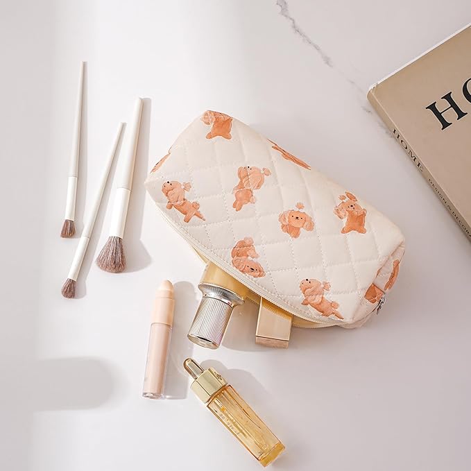 Cute Floral Makeup Brush Bag Small Cotton Quilted Cosmetic Bag for Women Travel Toiletry Zipper Make Up Pouch (Little dog)