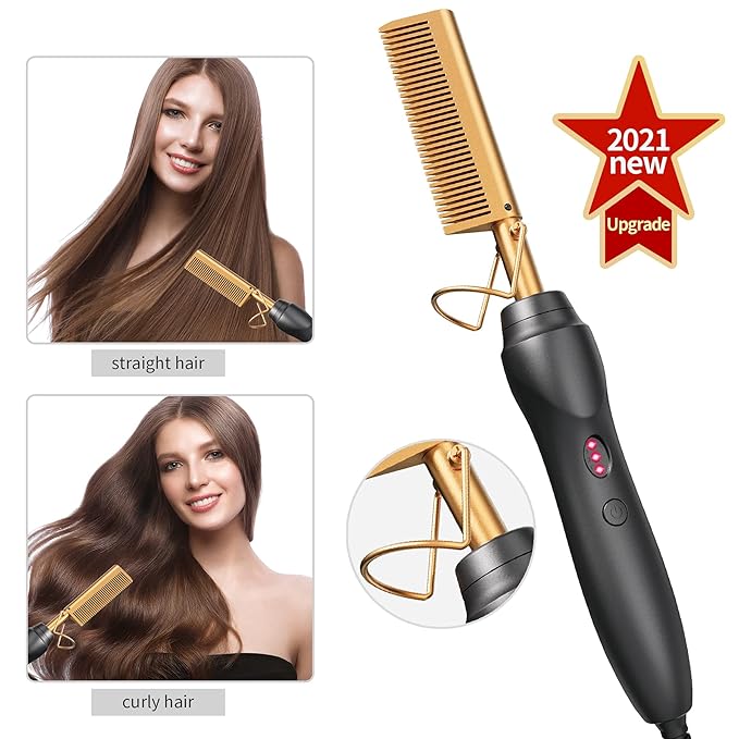 Electric Hot Comb Hair Straightener - Pressing Combs, Ceramic Hair Straightening Comb, Curling Iron for Natural Black Hair Men Beard or Holiday Gift - Glod 3 In1
