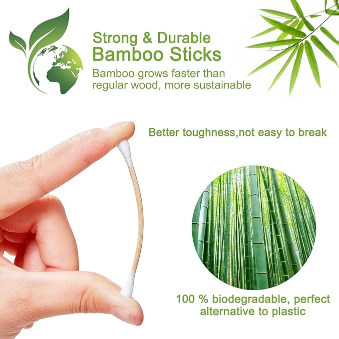 800 Count Bamboo Cotton Swabs - Natural Organic Cotton Buds with Double Tips, Hypoallergenic, Biodegradable Swabs for Ear Cleaning, Beauty & Personal Care, Makeup, Pet Care, Crafts
