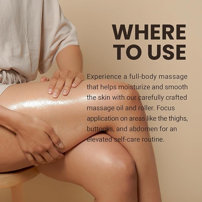 Lymphatic Drainage Massage Oil + Anti Cellulite Roller Kit - Ylang Ylang + Ginger Oil with Collagen & Stem Cells + Contouring Roller for Smooth, Firm-Looking Skin by M3