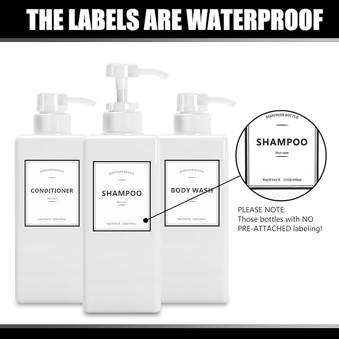 Shower Dispenser Set, 3 White Refillable Bottles, 22oz Large, Shampoo, Conditioner, Body Wash