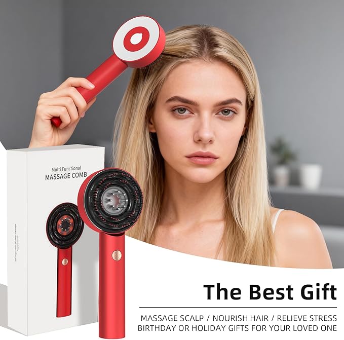 Electric Scalp Massager, 3 in 1 Hair Oil Applicator, Scalp Care Brush, IPX7 Waterproof, Cordless & Portable Scalp Brush for Home & Travel, Red