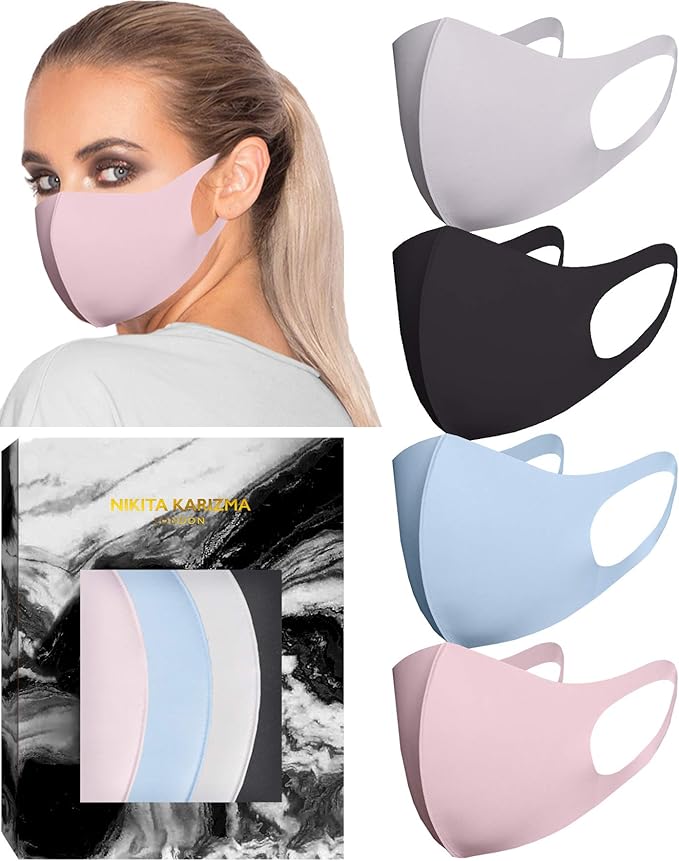 KARIZMA Styling Essentials Cloth Face Mask. 4 Buttery Soft Masks Washable Fabric. (Classic) Pink, Soft Grey, Blue and Black Face Mask Reusable. Fabric Face Mask 4 Pieces