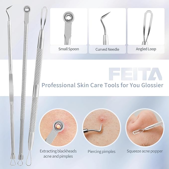 FEITA Blackhead Remover Comedone Extractor Tool, Face Black Head Needle & Curved Tip Acne Tweezers Kit with Metal Box, Facial Stainless Pimple Removal Tools Kit for Nose, Silver 8Pcs