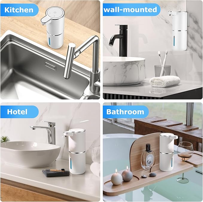 Automatic Foaming Soap Dispenser,Touchless Soap Dispenser with 4 Adjustable Foam Levels,Wall Mounted and USB Rechargeable,12.8oz Large Capacity for Bathroom,Kitchen Sink,Dish Soap