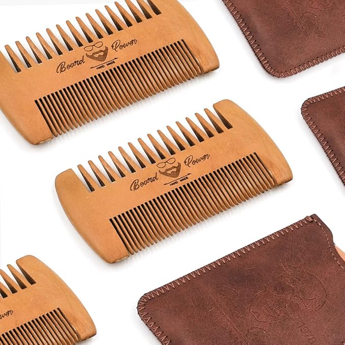 Wooden Beard Combs with Cases - Fine & Coarse Teeth, Pocket Comb for Beards, Mustaches & Hair, Brown Skull Design