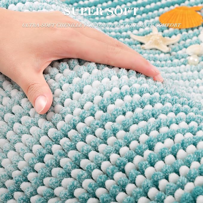 BSICPRO Bathroom Rugs and Mats Sets, 2 Piece Thick Absorbent Chenille Bath Mat Rug Set Non Slip, Soft Shaggy Bath Room Floor Mats for Bathroom, Machine Washable (Aqua Green, 20" x 60" Plus 20" x 32")