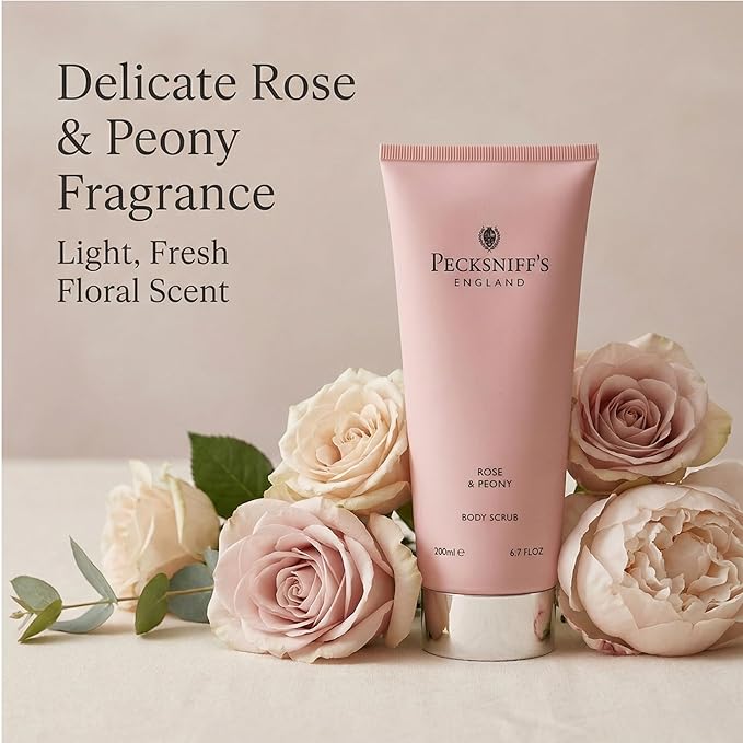 Pecksniff’s Rose and Peony Body Scrub 200ml, Gentle Exfoliating Body Polish with Floral Scent, Creamy Sugar Scrub for Smooth Soft Skin, Shower Exfoliator for Dry Dull Skin, UK Bath and Body