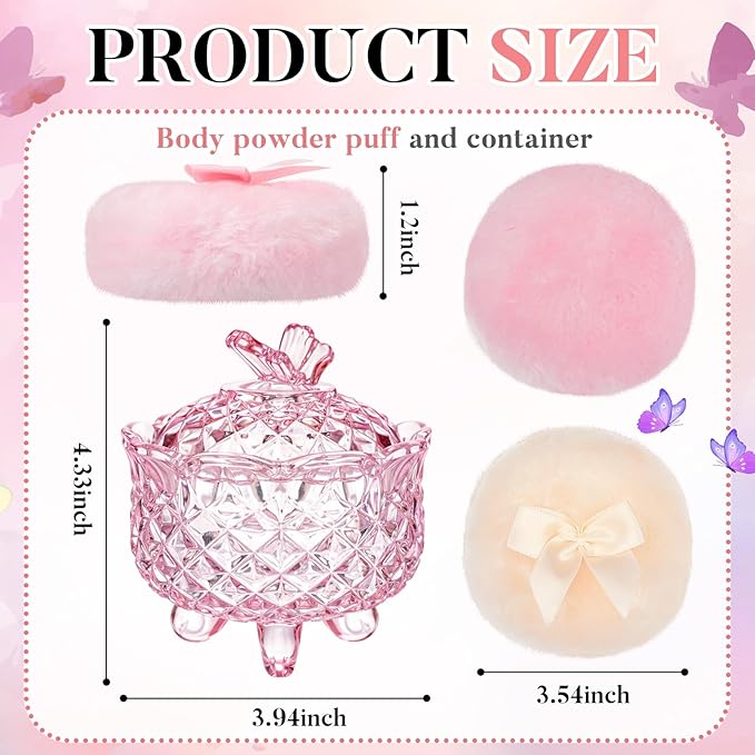 Tioncy 3 Pcs Large Body Powder Puff and Container Valentine's Day gift Powder Container with Puff Crystal Case Soft Washable Reusable Velour Face Body Glitter Wet Dry Makeup(Butterfly,Pink)