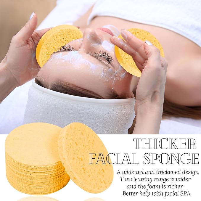 50-Count Facial Sponges Compressed Natural Cellulose Sponge Round Shape Face Sponge for Face Cleansing Exfoliating and Makeup Removal, Yellow