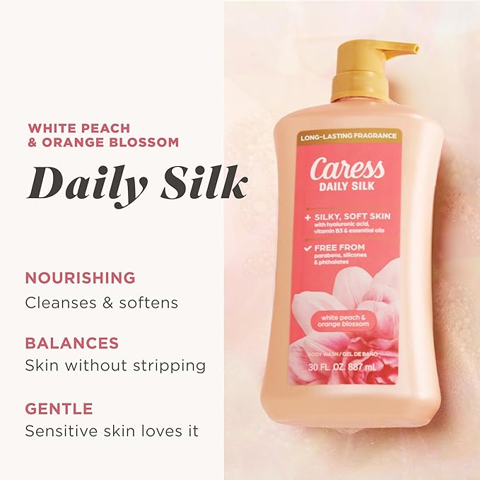 Caress Body Wash With Pump Daily Silk White Peach & Orange Blossom Body Soap for Noticeably Silky, Soft Skin 30 fl oz, 4 Pack