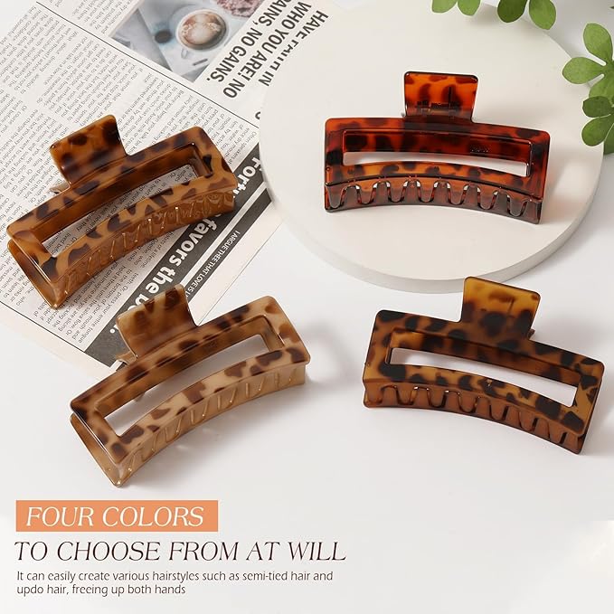 4 PCS 5 Inch Extra Large Claw Clips for Women, Tortoise Shell Jumbo Claw Clips for Thick Long Curly Hair, Oversized Matte Non-slip Rectangle, Durable Strong Hold Hair Clip,Non-slip Square Jaw Clip