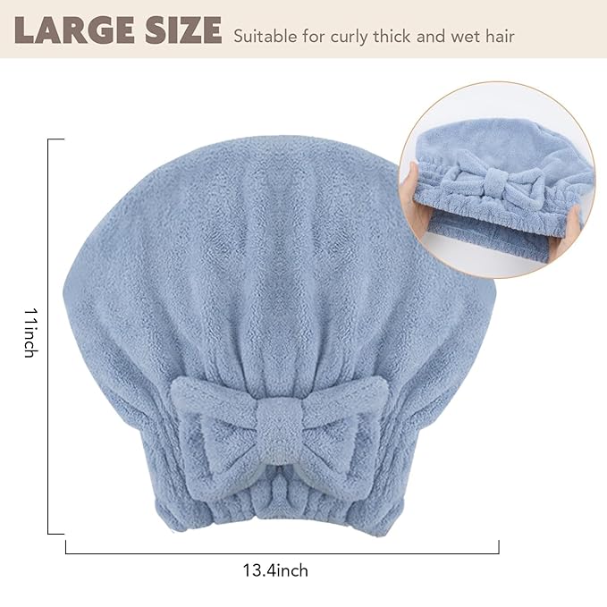 SUNLAND Large Microfiber Hair Drying Caps with Bow Knot Fast Drying Shower Cap Soft and Absorbent hairWrap Hair Turban Bath Caps for Curly Thick and Wet Hair