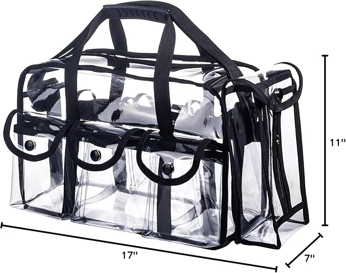 Wide Open Large Professional Clear PVC Travel Makeup Artist Set Bag Cosmetic Nails Beauty Bags Transparent Vinyl Tool Organizer Beach Bags Diaper Bag with 6 External Pockets & Strap (Black)