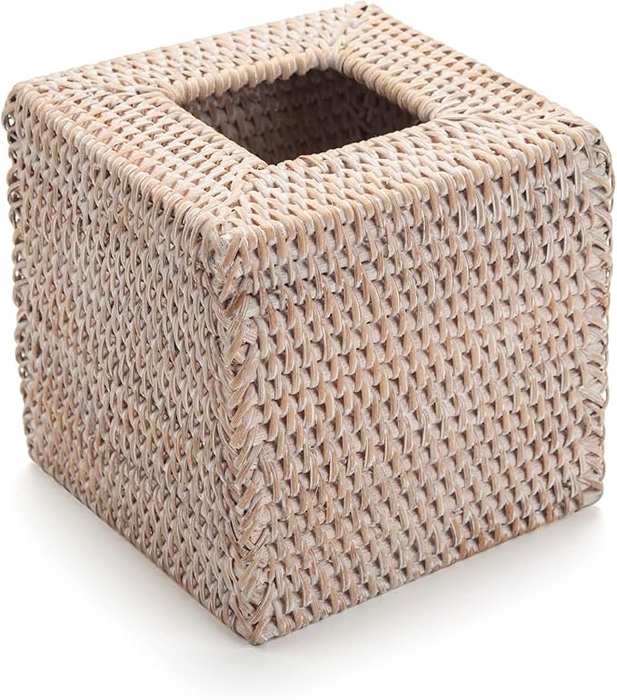 Rattan Tissue Box Cover Square, Wicker Tissue Box Holder, Decorative Woven Facial Tissue Holder for Bathroom, Kitchen, Living Room, Bedroom (Whitewash)