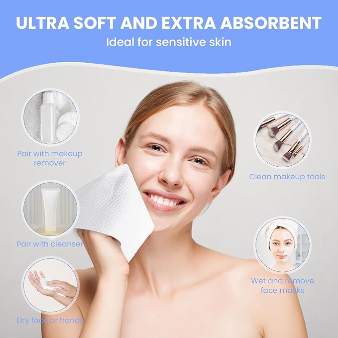 100 Sheet Daily Cleansing Towels Ultra Soft Dry Wipes for Sensitive Skin Disposable Facial Washcloths 100% Organic Viscose (Pack of 3)