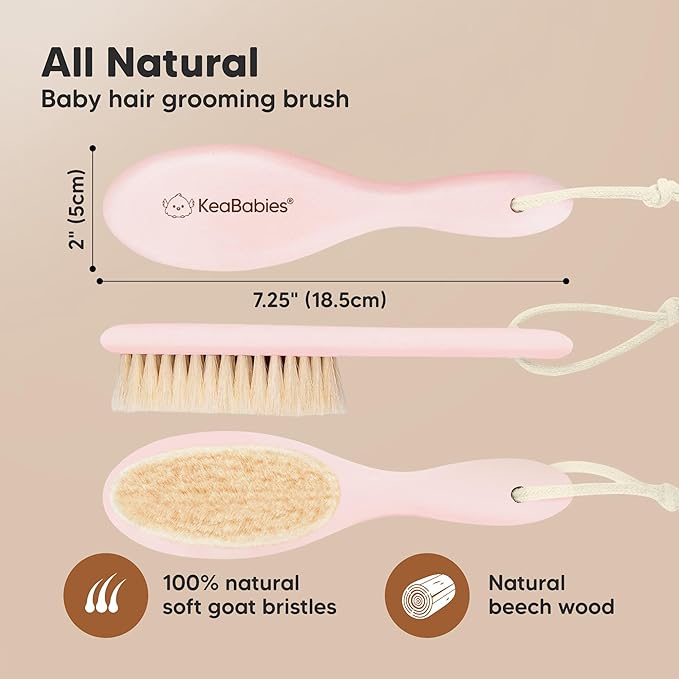 Wooden Baby Hair Brush - Cradle Cap Baby Brush with Soft Goat Bristles, Perfect Gentle Scalp Newborn Comb for Infant, Girls, Boys, Bath Essentials (Blush, Regular)
